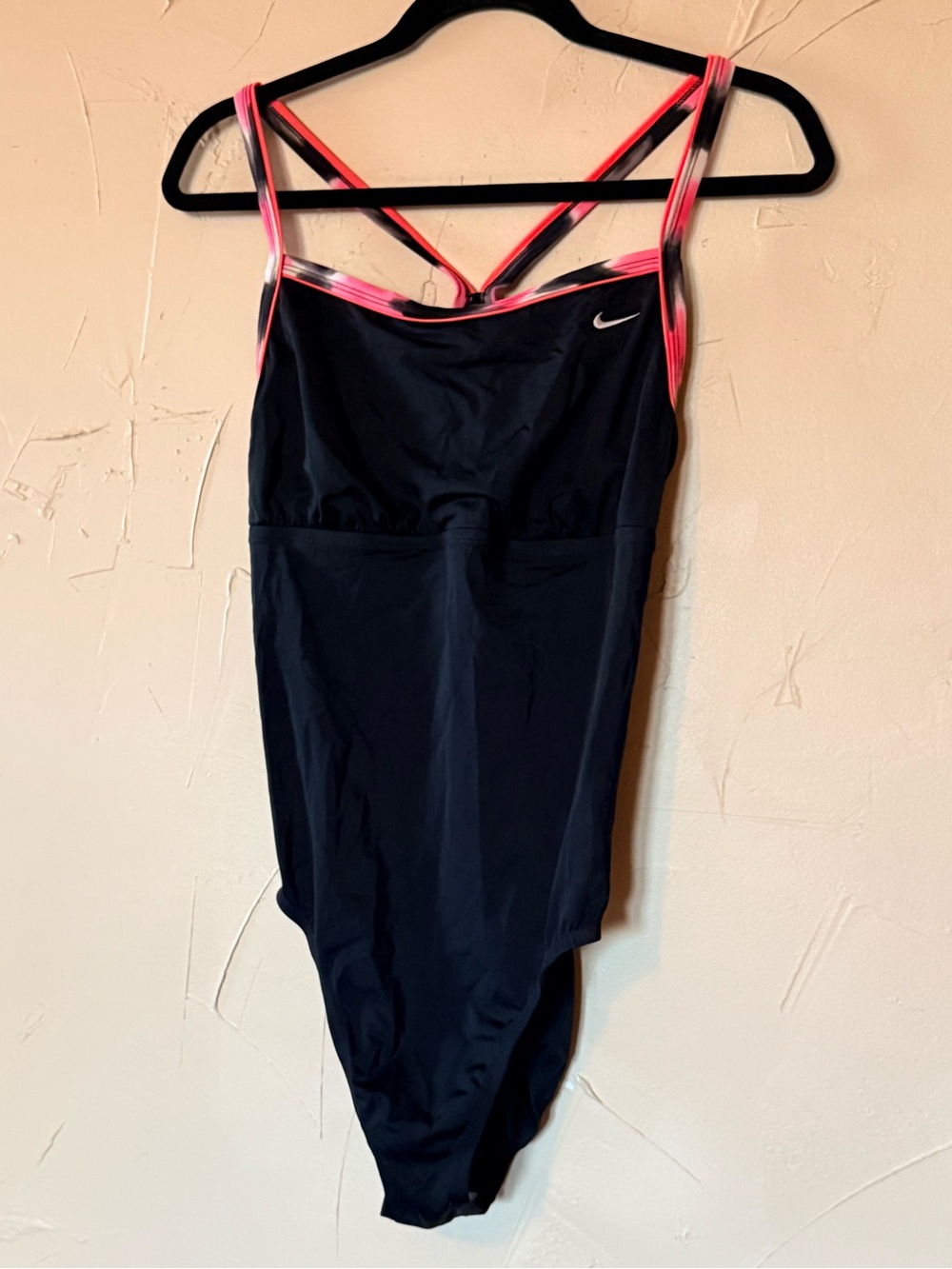 NIKE Women’s Black One-Piece Swimsuit with coral Pink Accent Straps. Size 14